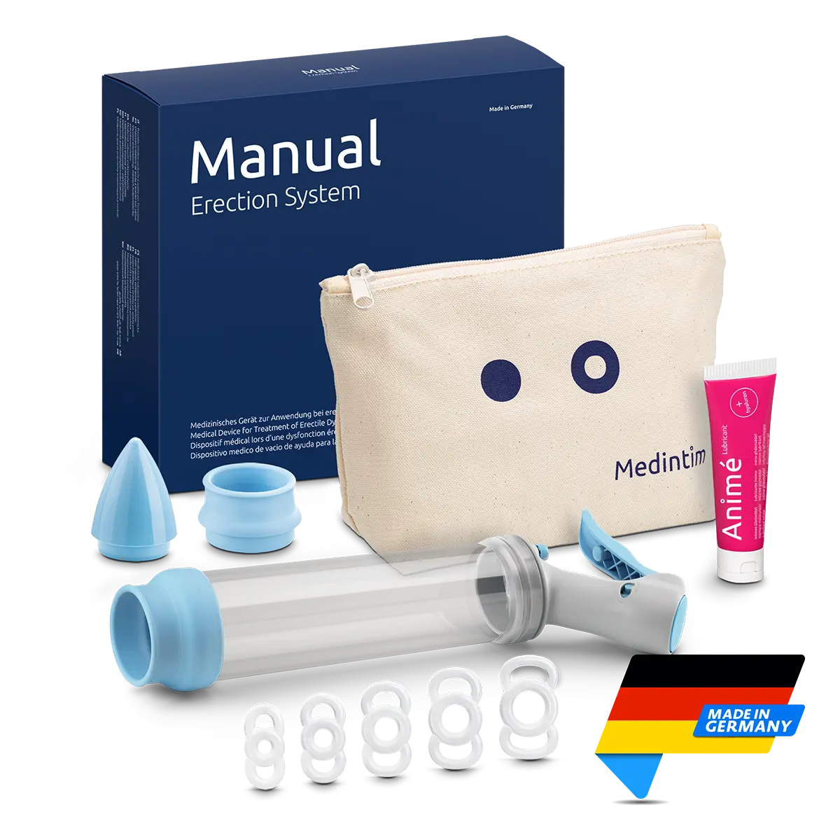 Manual Erection System with packaging, pouch an components including manual pump head, cylinder tube,  cone, ring loader 1 and 2, constriction ring set and lubricant.