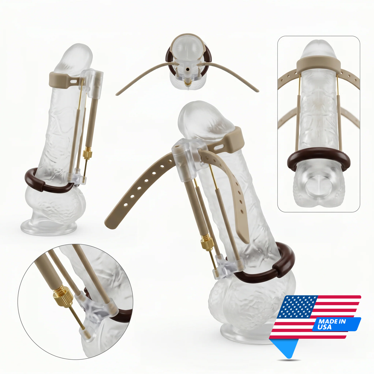 The TitanXXL device in use with model picturing multiple angles to demonstrate details and positioning. 'Made in USA' graphic in the bottom right corner. Image created for Mens Health Downunder.