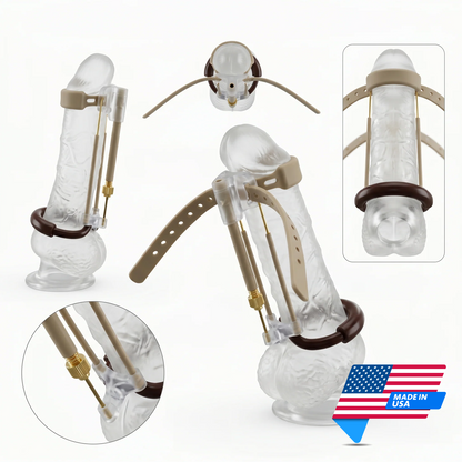 The TitanXXL device in use with model picturing multiple angles to demonstrate details and positioning. 'Made in USA' graphic in the bottom right corner. Image created for Mens Health Downunder.